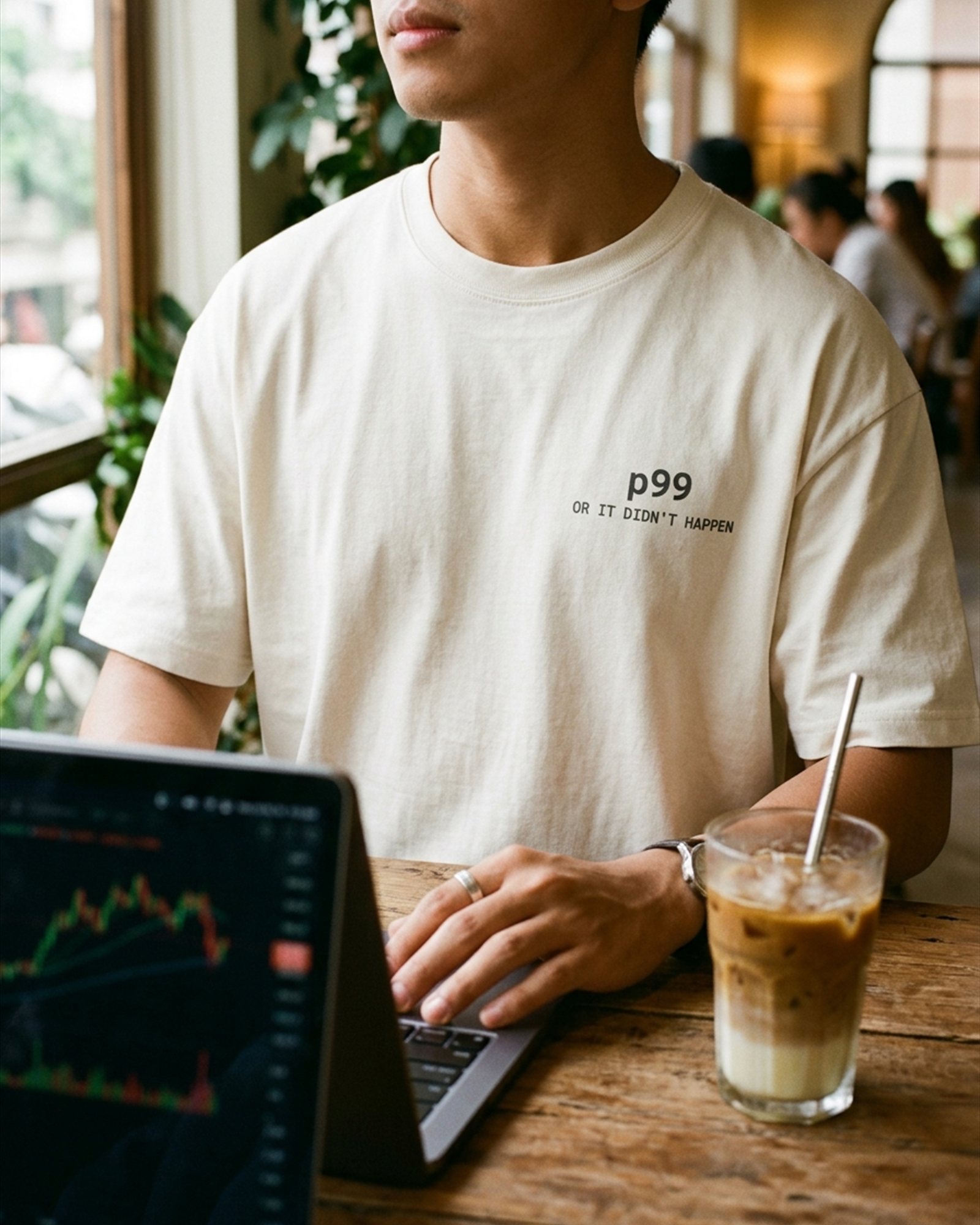p99 or It Didn't Happen Tee in Bone, on model