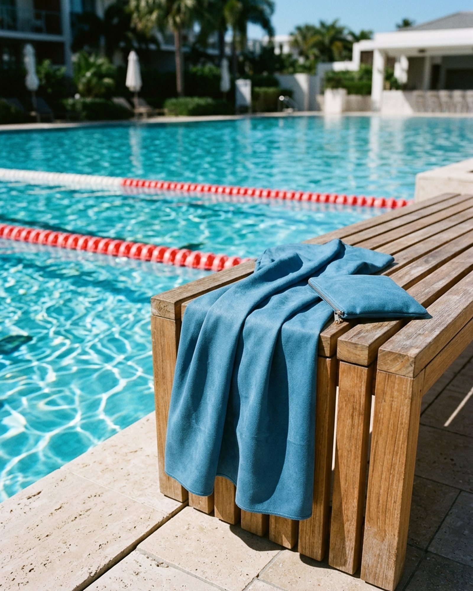 Lane Six Quick-Dry Towel in Pool Blue, in use
