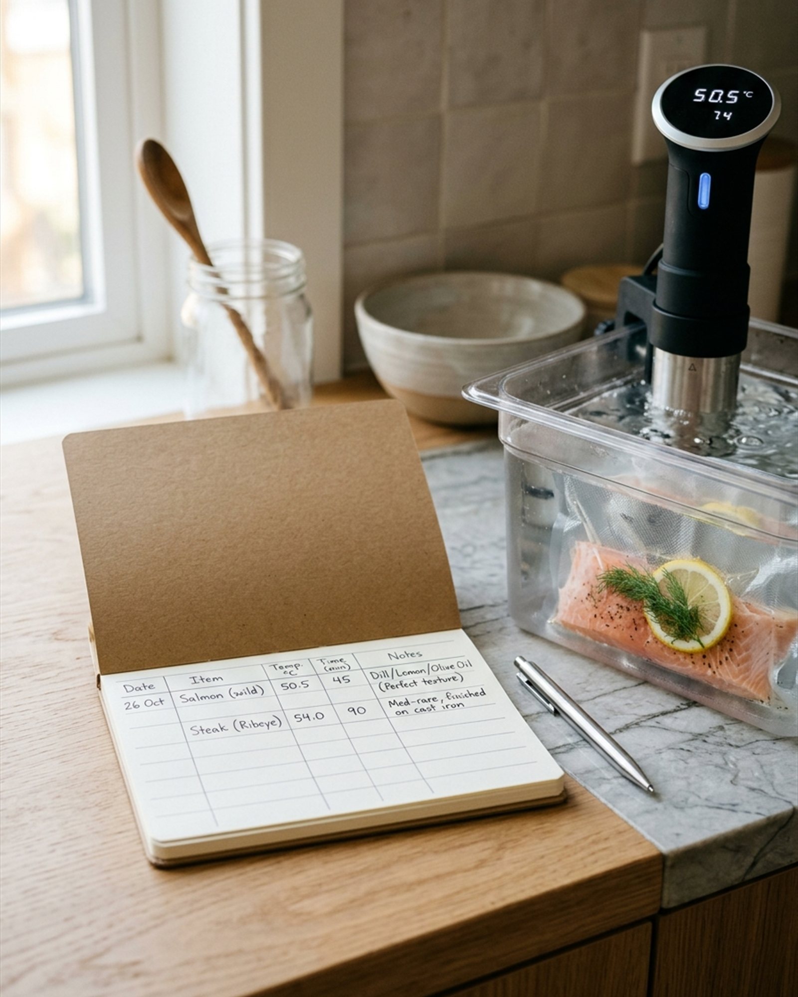 Sous Vide Field Notes in Kraft, in use