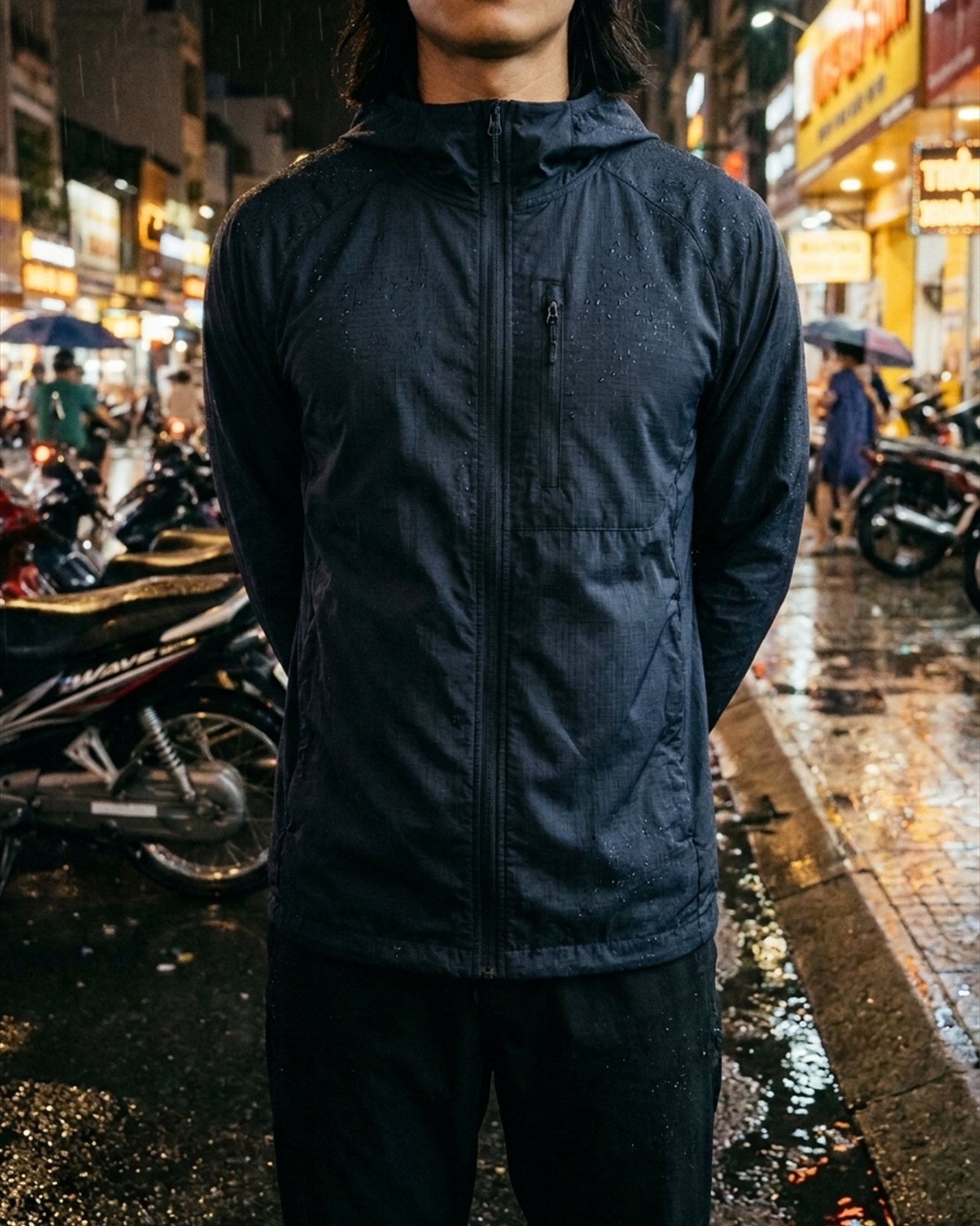 Circuit Breaker Windbreaker in Ink, on model