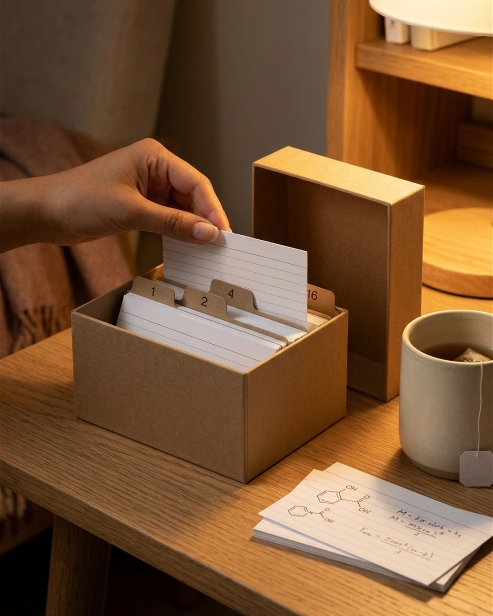 Spaced Repetition Flashcard Box in Kraft, in use