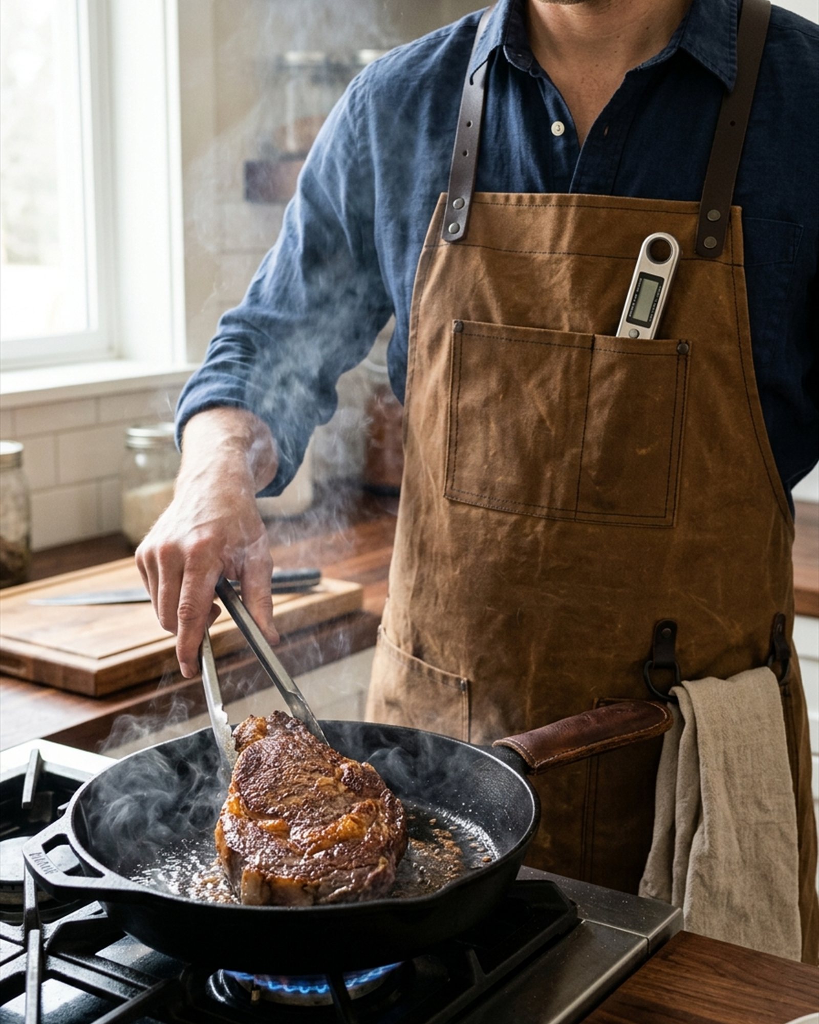 Maillard Reaction Apron in Tobacco, on model