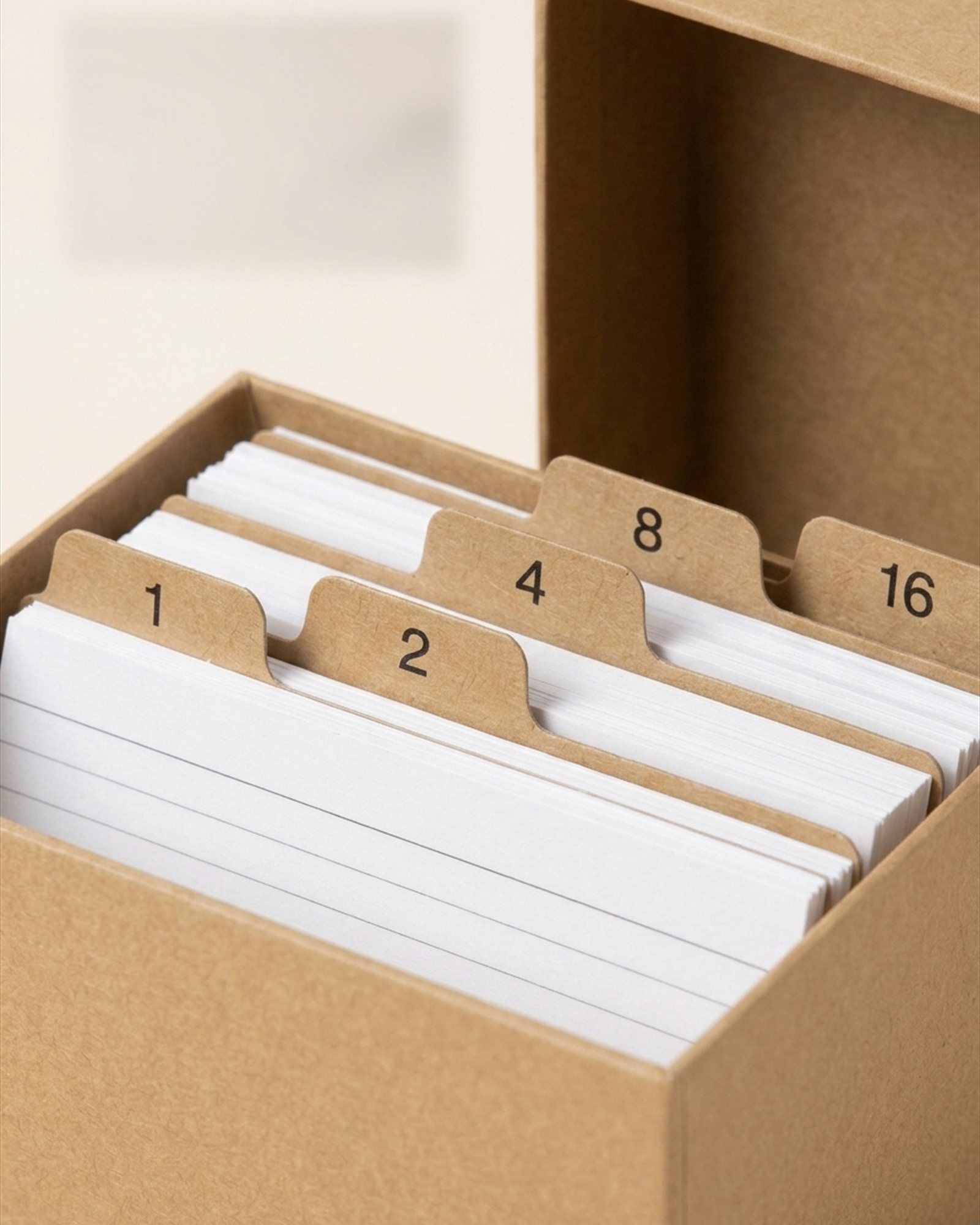 Spaced Repetition Flashcard Box in Kraft, detail close-up
