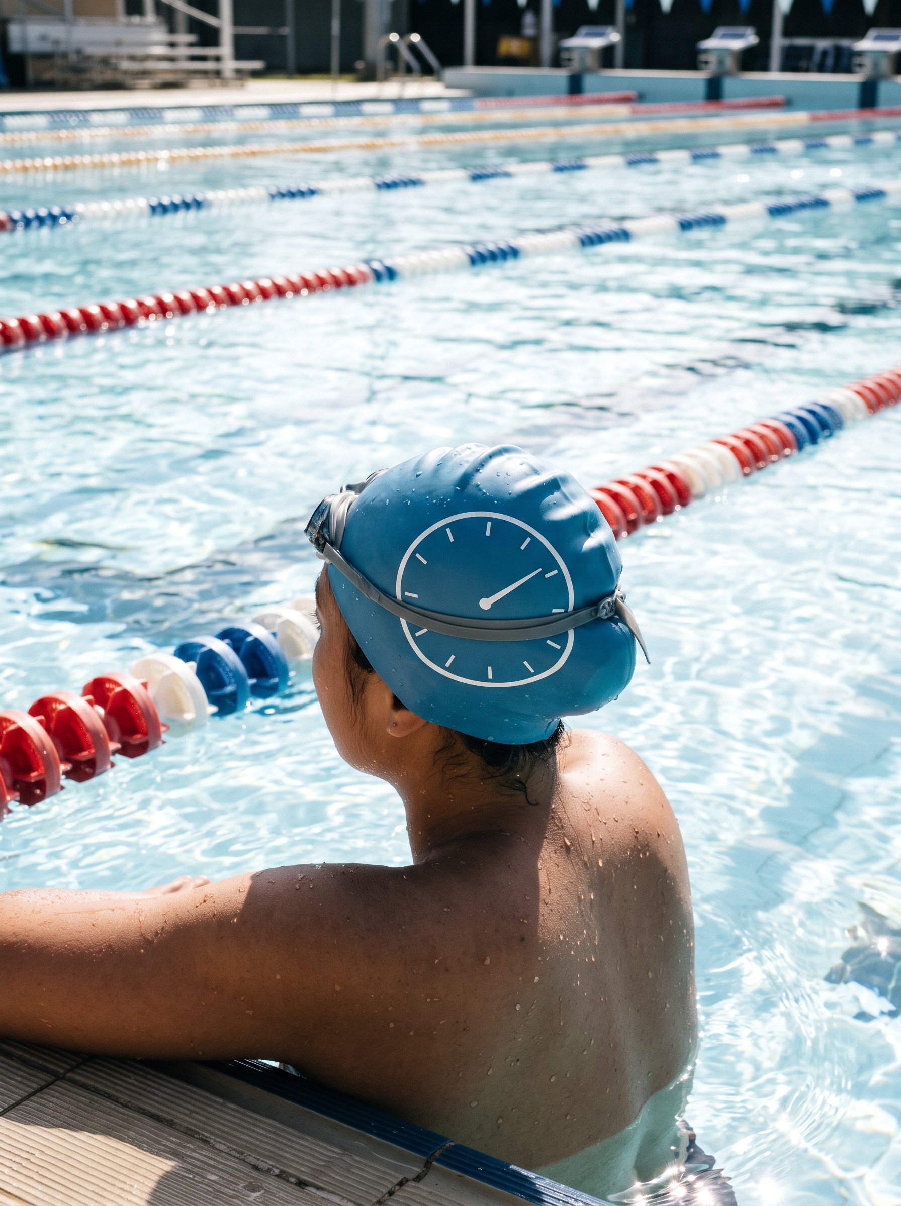 Pace Clock Swim Cap in Pool Blue, on model