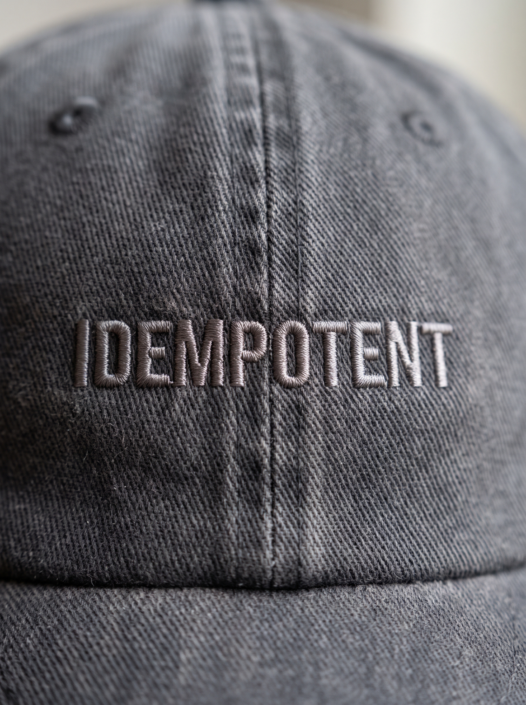 Idempotent Dad Cap in Graphite, detail close-up