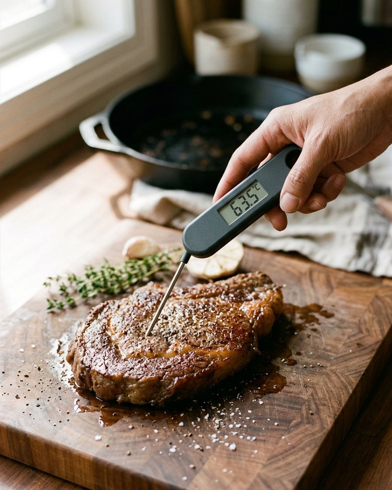 Maillard Point Probe Thermometer in Charcoal, in use